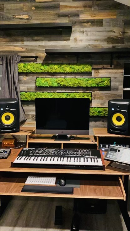 Four panels with bright green moss hang on a wood wall in a music studio. 