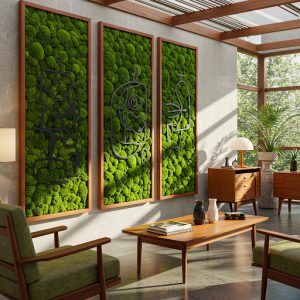 Three, lush, green moss frames are the highlight of this reading room for seniors.
