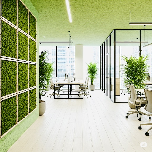 Eight moss panels adorn the wall of a modern workspace atop grass cloth wallpaper in a workspace that also has potted plants. 
