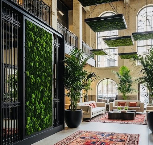 An adaptive reuse of an industrial building features a large moss wall and moss panels that hang from the ceiling.