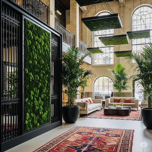 An adaptive reuse of an industrial building features a large moss wall and moss panels that hang from the ceiling.