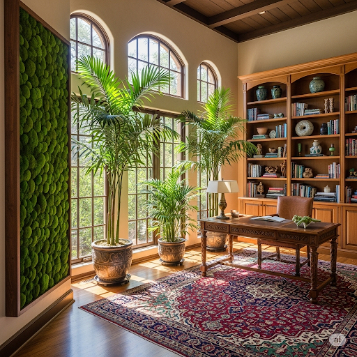 A large moss wall enhances a traditionally designed office, connecting the views from the floor to ceiling windows with potted plants and the large moss frame. 