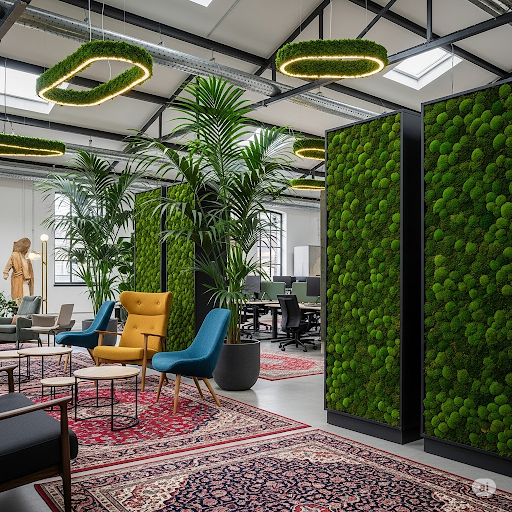 Four large, moss panels separate the workspaces in a modern office building. 