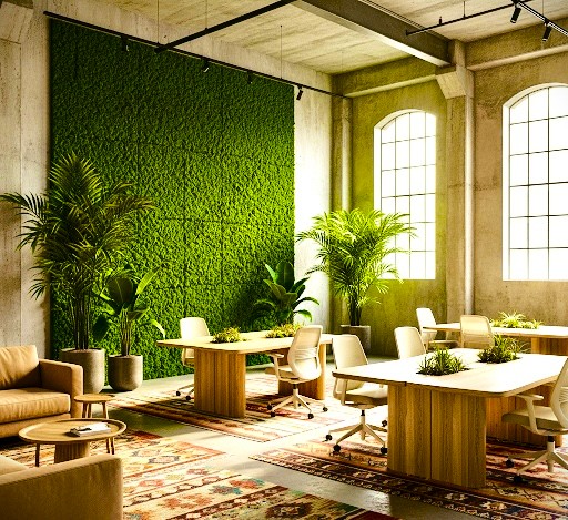 A floor to ceiling moss wall with subtle box patterns is the feature of the biophilic design workspace. 