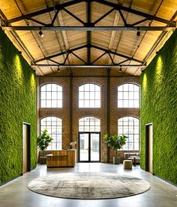 Two, floor to ceiling moss walls flank the biophilic entryway of Luxury Lofts in a repurposed industrial building. Developers retained the brick, wood ceiling and wrought iron ceiling beams.