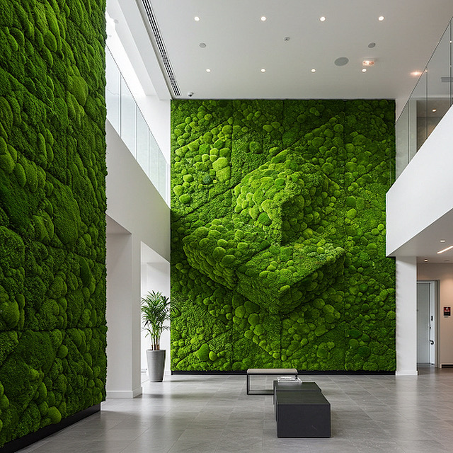 Two floor to ceiling moss walls are the central feature of a modern, corporate lobby. The wall in center view features three, 3-D cubes inspired by the work of M.C. Escher. 